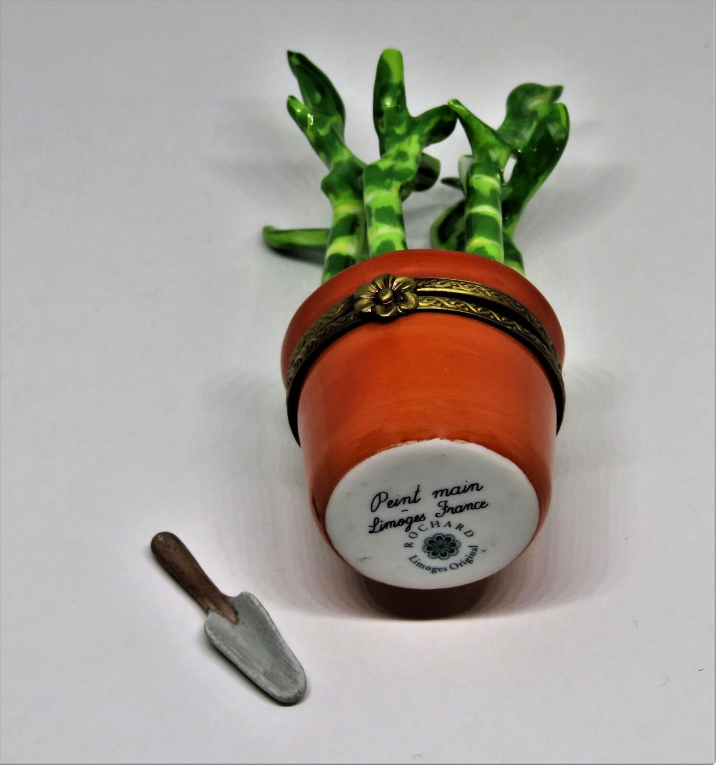 LIMOGES FRANCE BOX - ROCHARD - LUCKY BAMBOO PLANT  & PORCELAIN GARDENING TOOL