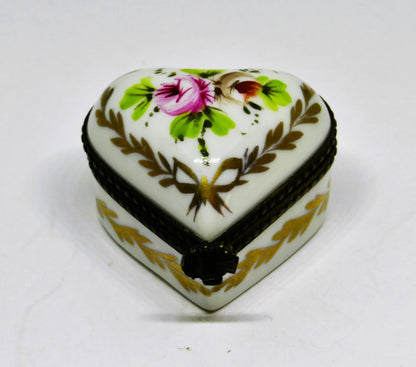 LIMOGES FRANCE BOX~ VINTAGE SMALL PUFFY HEART ~ PINK ROSES & FLOWERS & LAUREL