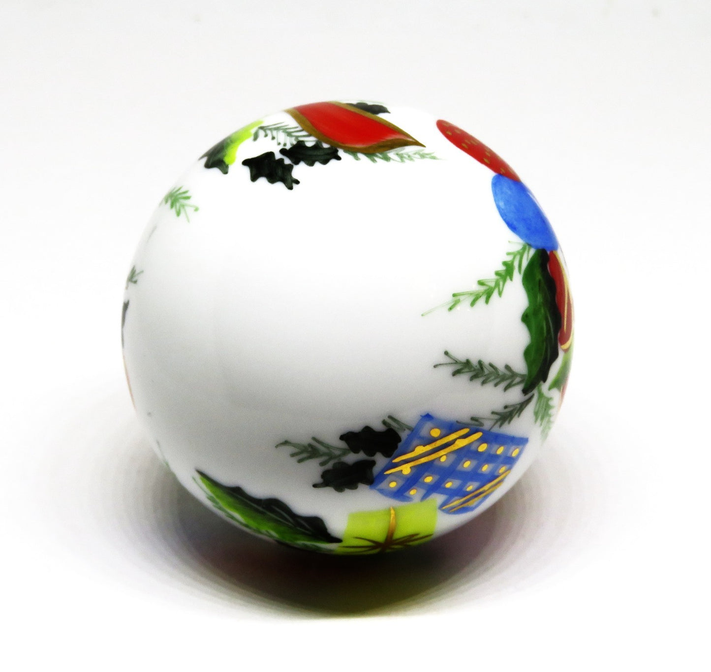 LIMOGES BOX - CHRISTMAS TREE BALL ORNAMENT - HOLLY & RIBBONS & CANDLES & GIFTS