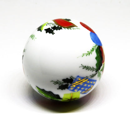 LIMOGES BOX - CHRISTMAS TREE BALL ORNAMENT - HOLLY & RIBBONS & CANDLES & GIFTS