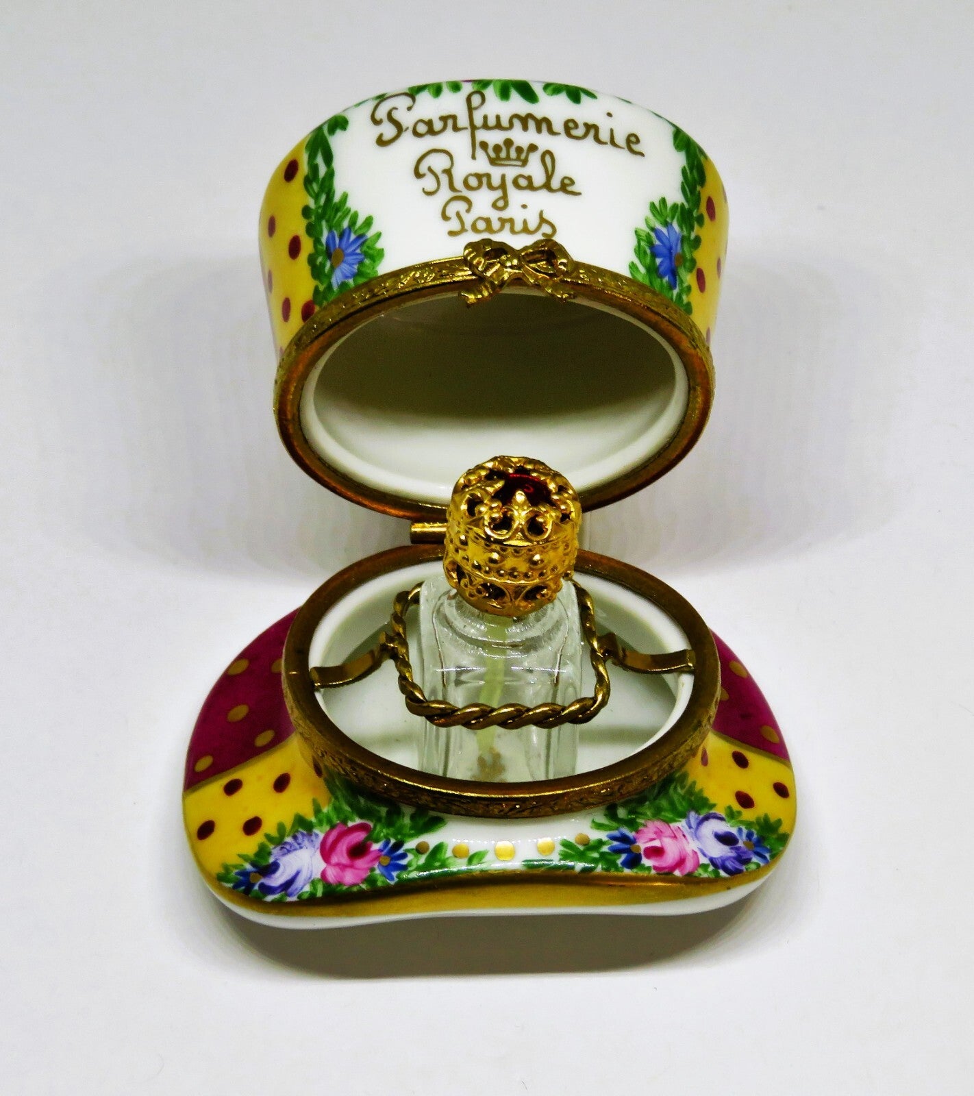 LIMOGES FRANCE BOX - PARIS PARFUMERIE HAT & PERFUME BOTTLE - FLOWERS - ROSES