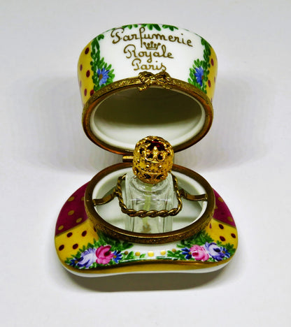 LIMOGES FRANCE BOX - PARIS PARFUMERIE HAT & PERFUME BOTTLE - FLOWERS - ROSES