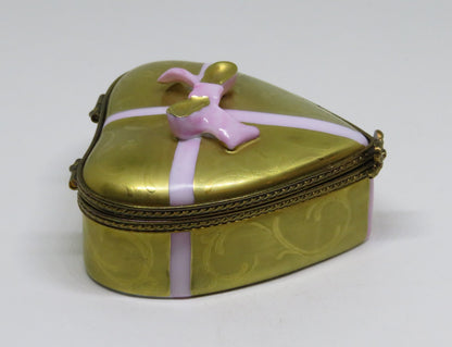 LIMOGES BOX ~ ROCHARD ~ GOLD HEART & CANDY & BOW ~ "WITH LOVE" ~ ANNIVERSARY