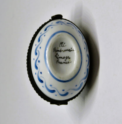 LIMOGES FRANCE BOX ~ VINTAGE FLORAL EASTER EGG ~ BLUE FLOWERS ~ TOP SIGNED "MC"