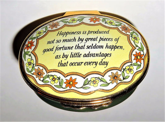 HALCYON DAYS ENAMEL BOX - "HAPPINESS IS ... " PHRASE - FLOWERS & LEAVES - MIB