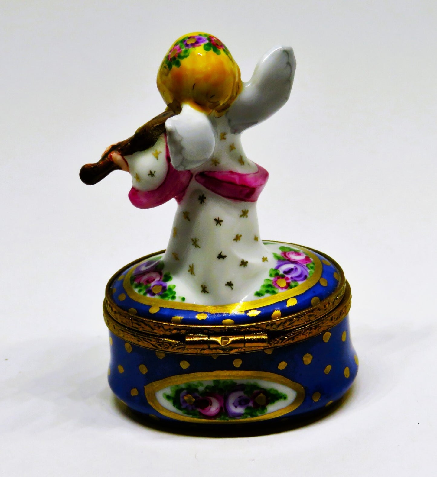 LIMOGES FRANCE BOX - CHRISTMAS - ANGEL & VIOLIN - FLOWERS & DOVES & STARS