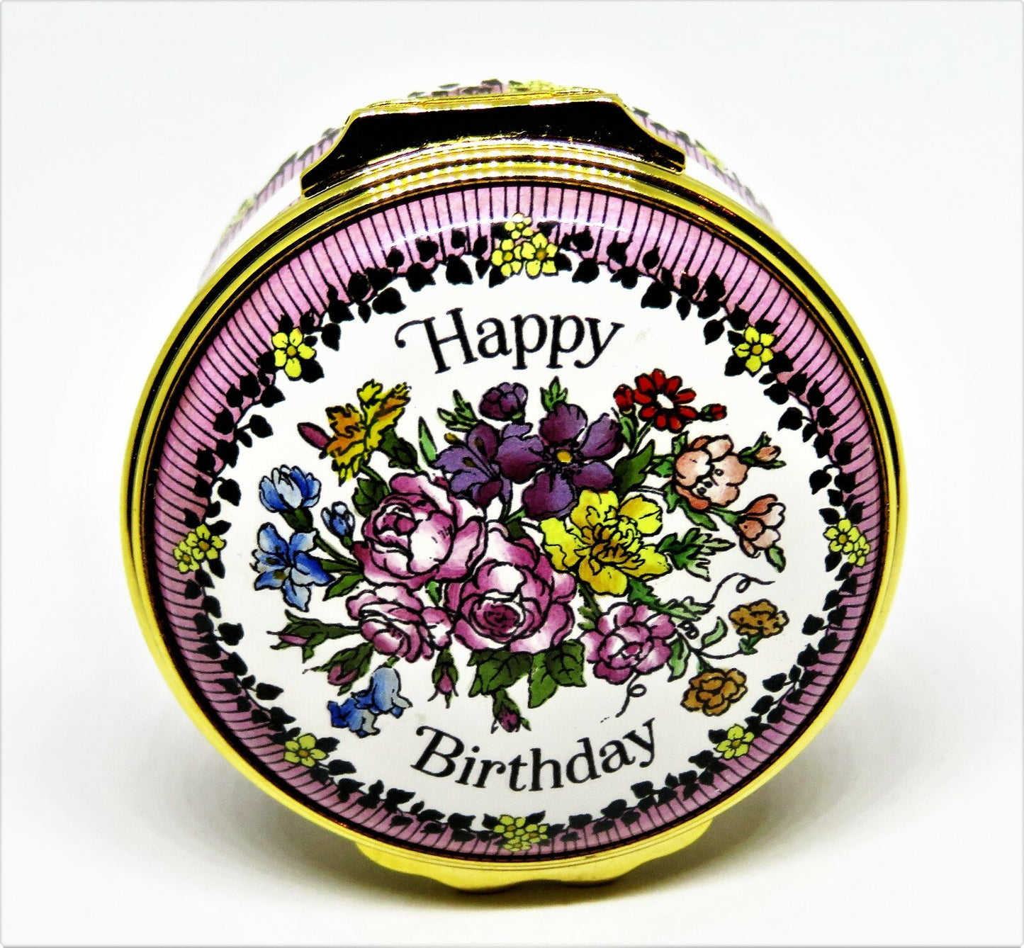 HALCYON DAYS ENGLISH ENAMEL BOX - "HAPPY BIRTHDAY" & BOUQUET OF FLOWERS - MIB