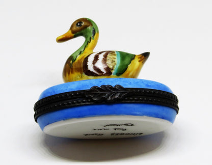 LIMOGES FRANCE BOX - COLORFUL MALLARD DUCK IN BLUE POND - REEDS & CATTAIL INSIDE