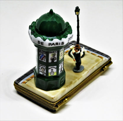 LIMOGES FRANCE BOX - PARIS SCENE - NEWSPAPER KIOSK & MAN & DOG & STREET LIGHT