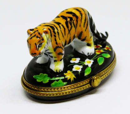 LIMOGES FRANCE BOX - TIGER ON A FLORAL BASE - WILD CATS - FLOWERS