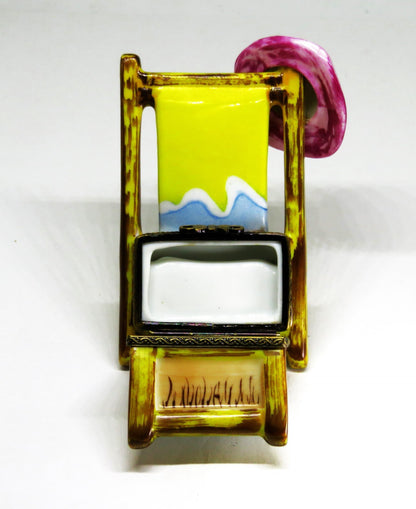 LIMOGES BOX - SINCLAIR - BEACH CHAIR & FISH - 'STRAW' HAT & FLOWER & SUNGLASSES