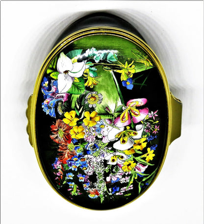 HALCYON DAYS ENAMEL BOX- MARIANNE NORTH PAINTING - VASE & CALIFORNIA FLOWERS -LE