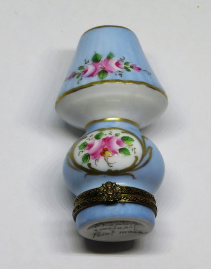 LIMOGES FRANCE BOX - CHAMART - BLUE FLORAL TABLE LAMP - PINK ROSES