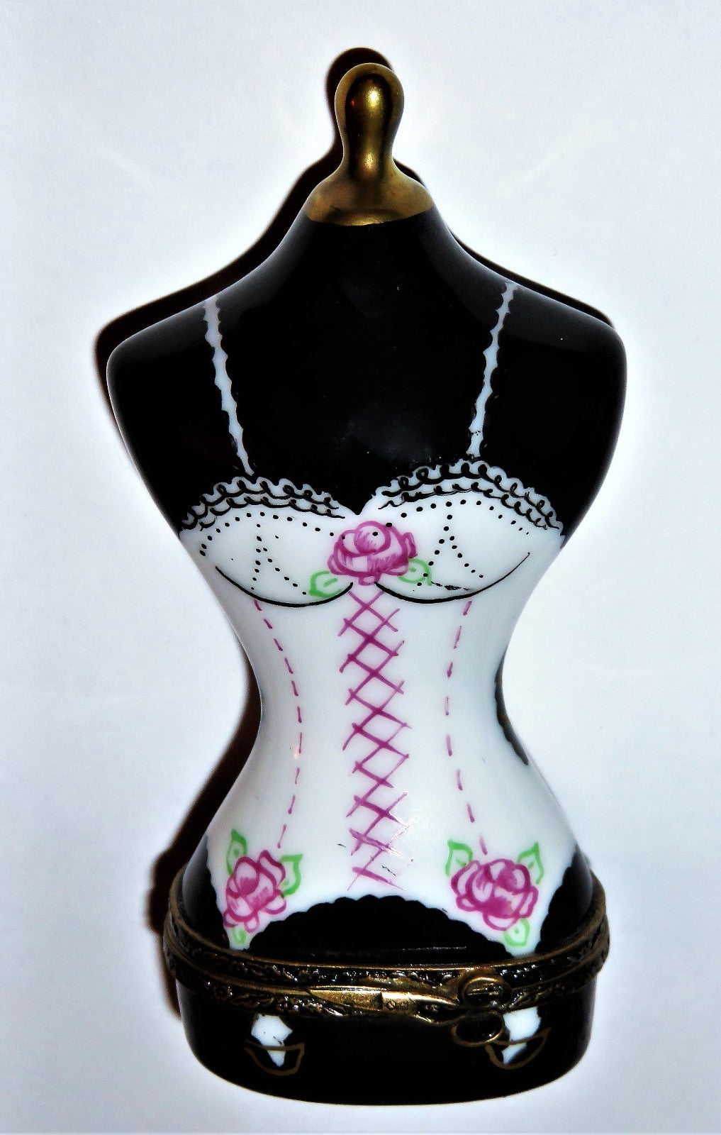 LIMOGES FRANCE BOX ~ CORSET MANNEQUIN ~ LACE & PINK ROSES ~ SEWING ~ PEINT MAIN