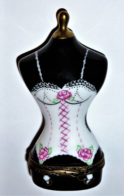 LIMOGES FRANCE BOX ~ CORSET MANNEQUIN ~ LACE & PINK ROSES ~ SEWING ~ PEINT MAIN