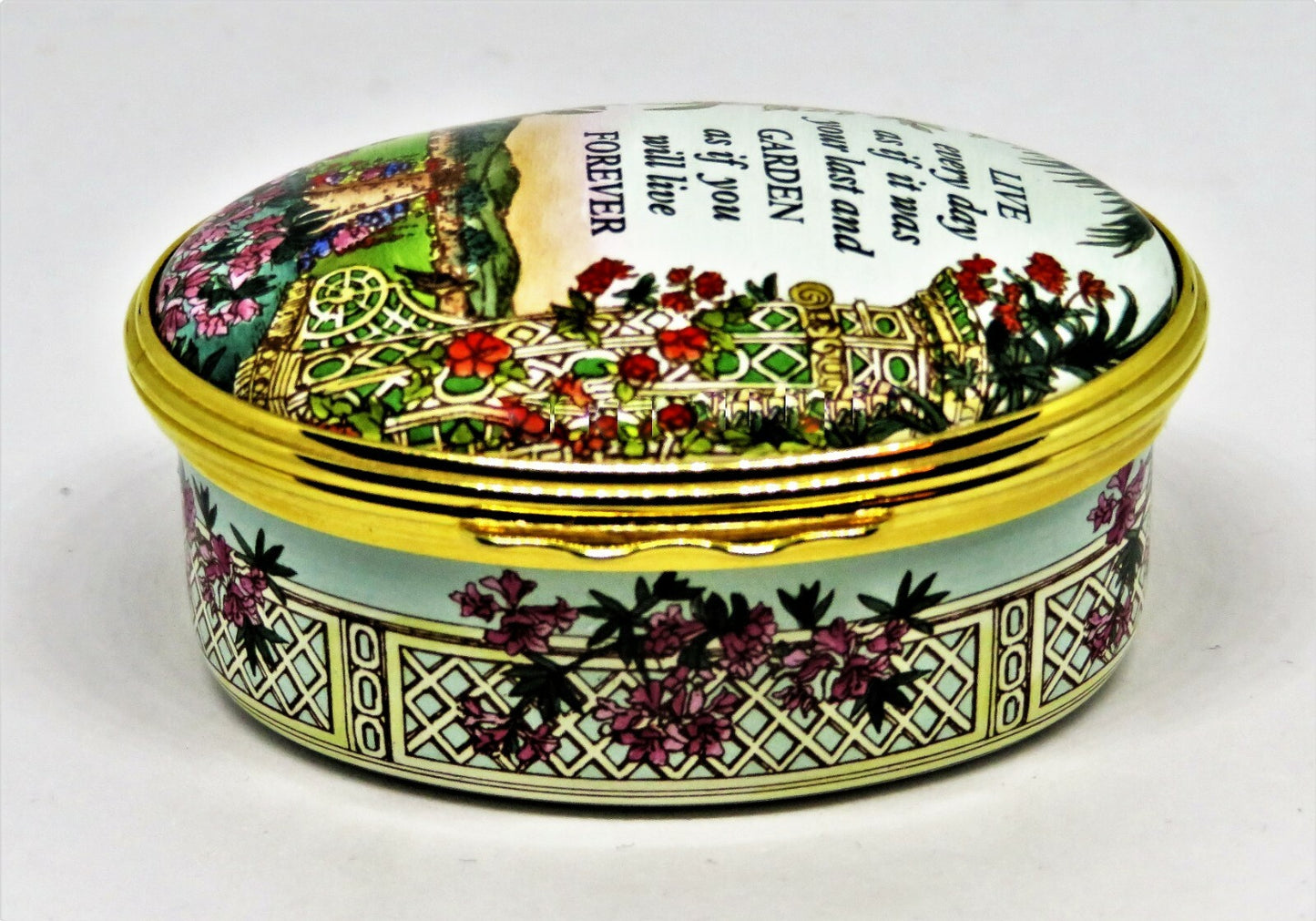 HALCYON DAYS ENAMEL BOX- "GARDEN AS IF YOU WILL LIVE FOREVER" - FLOWERS & FRUITS