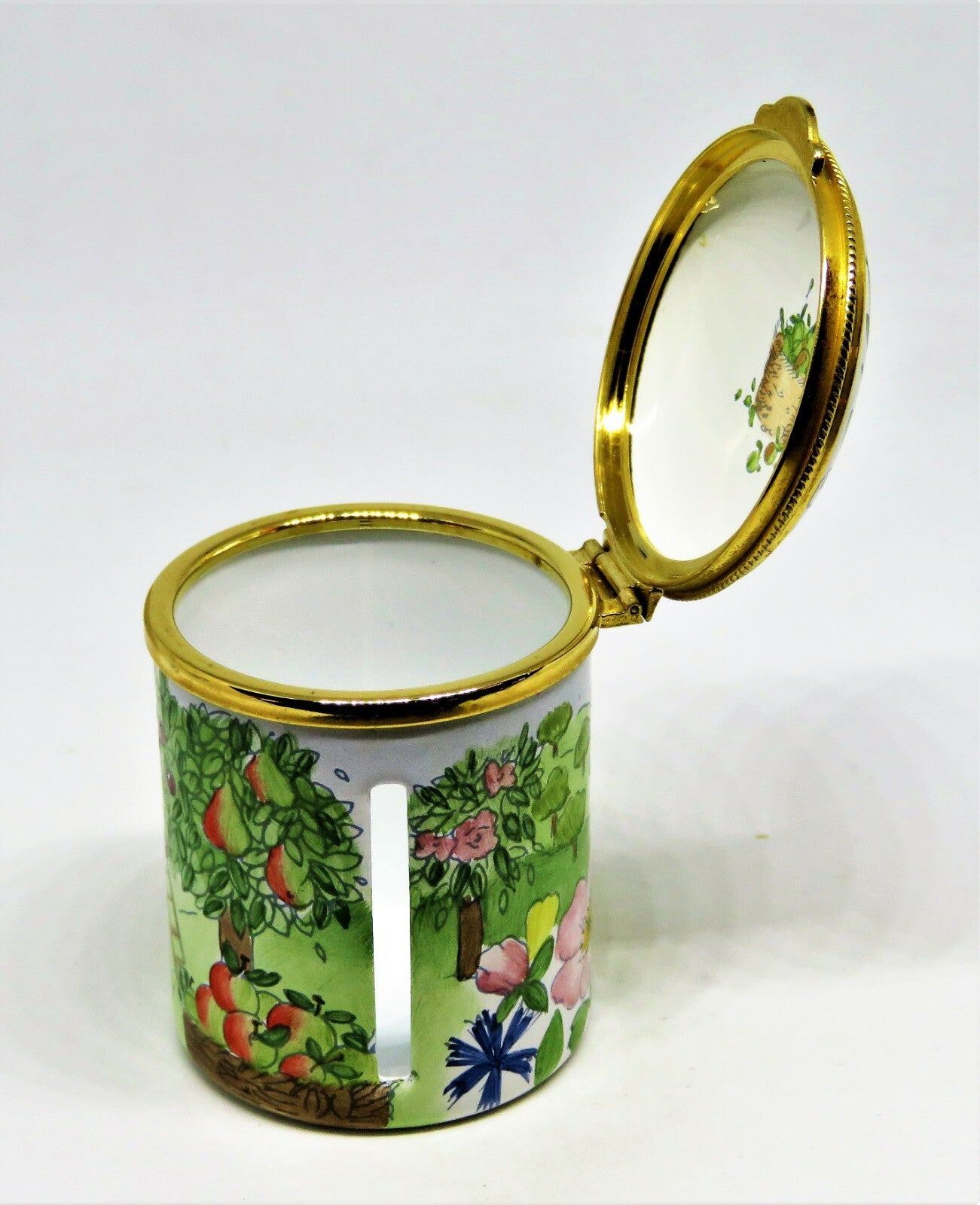 STAFFORDSHIRE ENAMELS STAMP BOX - FRUIT ORCHARD & BEE HIVES - FLOWERS & TREES