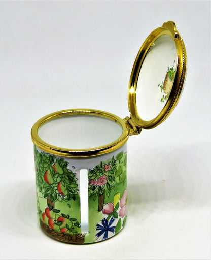 STAFFORDSHIRE ENAMELS STAMP BOX - FRUIT ORCHARD & BEE HIVES - FLOWERS & TREES