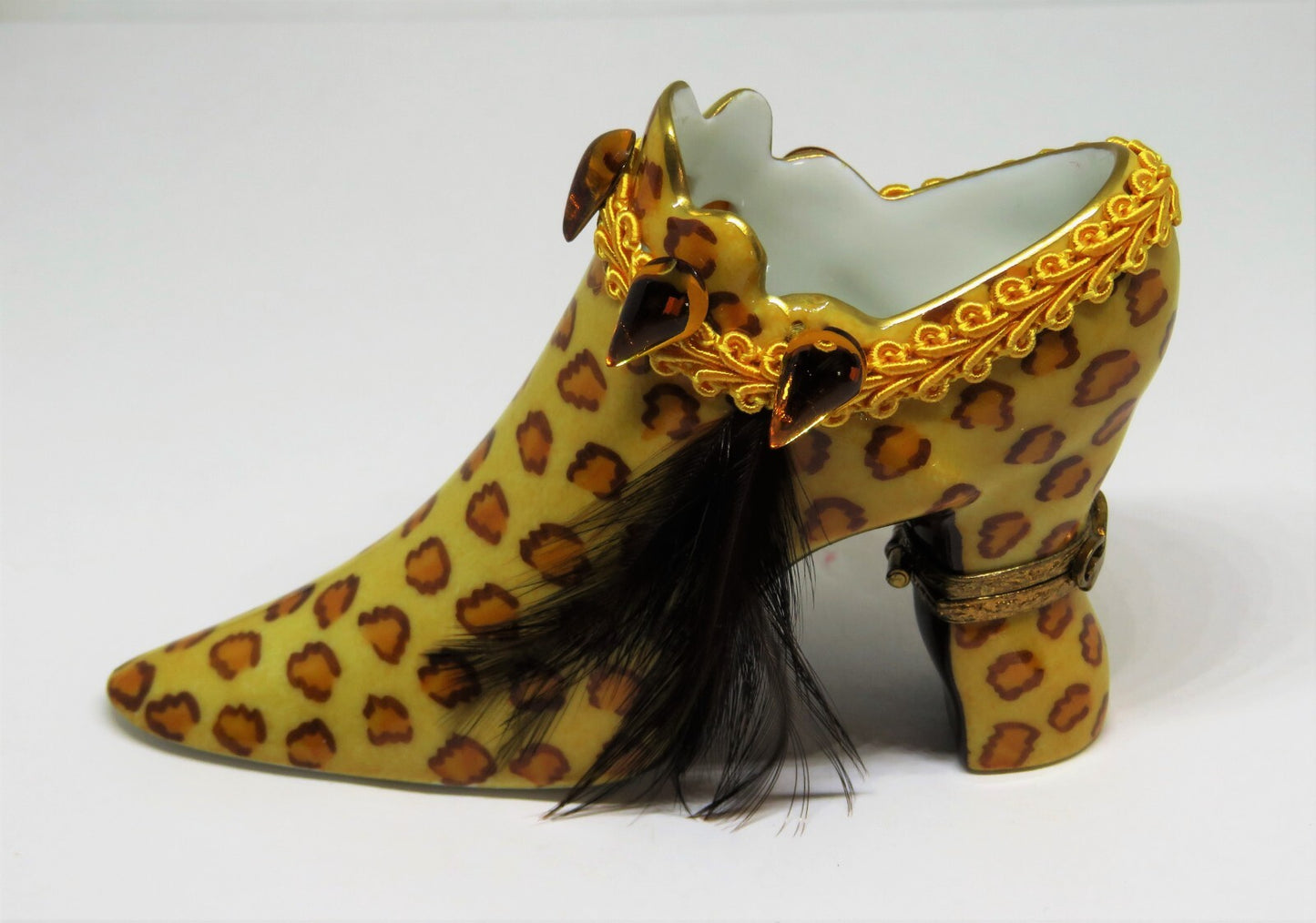 LIMOGES 2 BOX SET- EXOTIC LEOPARD PRINT HAT & SHOE - BRAID & FEATHERS & CRYSTALS