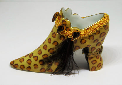 LIMOGES 2 BOX SET- EXOTIC LEOPARD PRINT HAT & SHOE - BRAID & FEATHERS & CRYSTALS