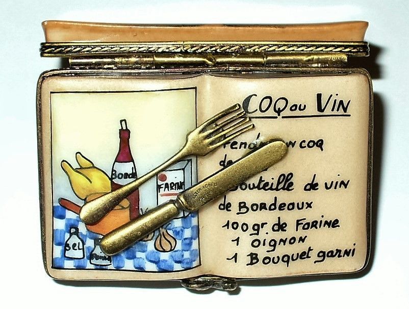 LIMOGES BOX- COOKBOOK & COQ AU VIN RECIPE - KNIFE & FORK - FRENCH CHEF - CHICKEN