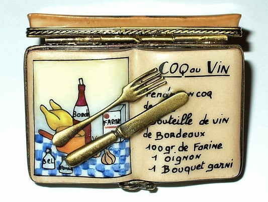 LIMOGES BOX- COOKBOOK & COQ AU VIN RECIPE - KNIFE & FORK - FRENCH CHEF - CHICKEN