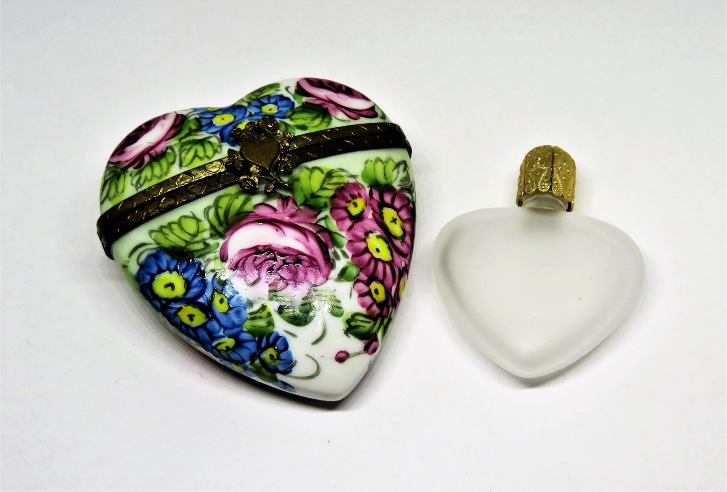 LIMOGES FRANCE BOX - FLORAL HEART & PERFUME BOTTLE - FLOWERS - PINK ROSES
