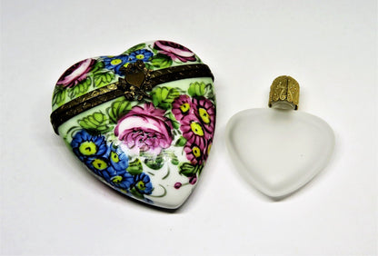 LIMOGES FRANCE BOX - FLORAL HEART & PERFUME BOTTLE - FLOWERS - PINK ROSES