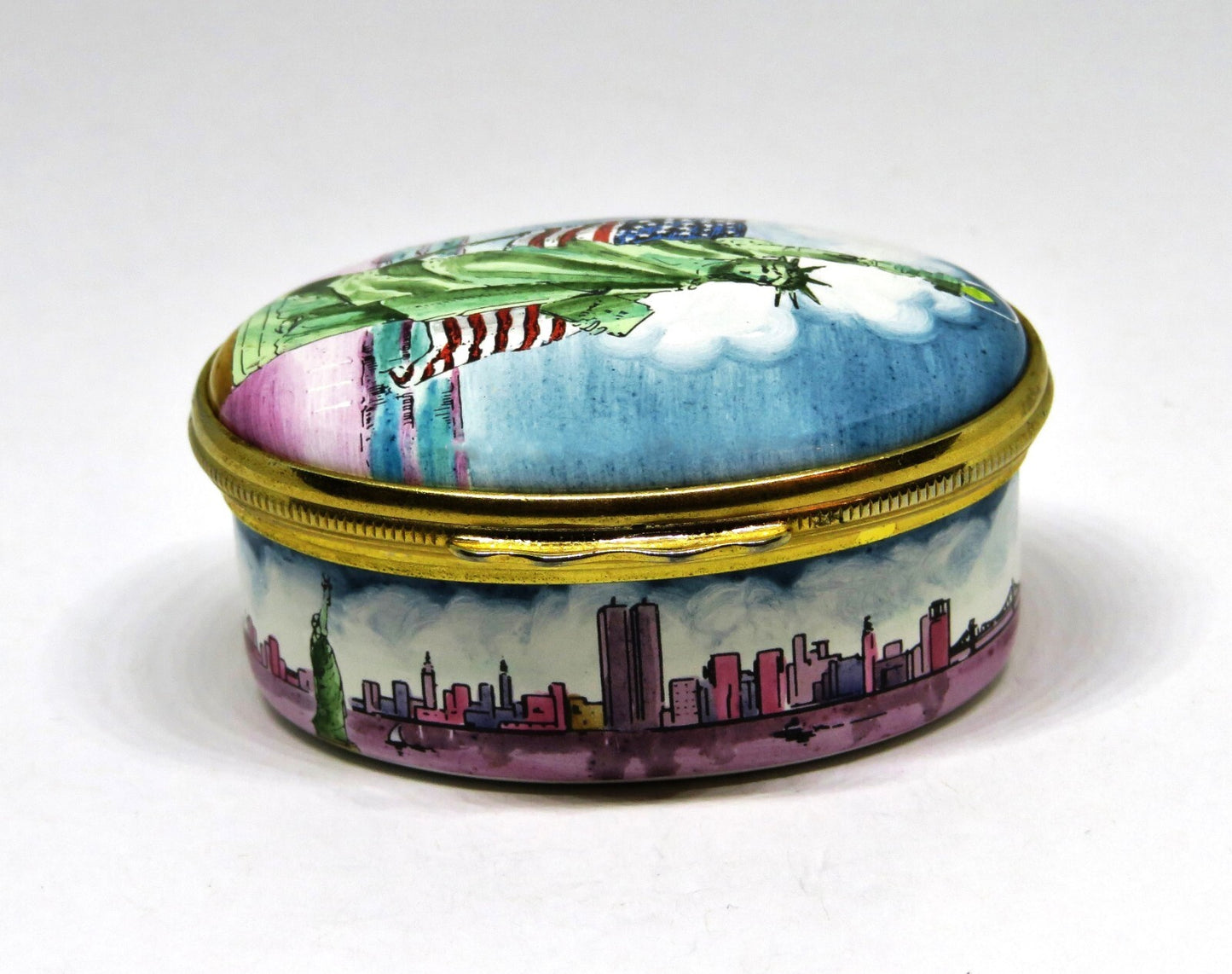 HALCYON DAYS ENAMEL BOX - TIFFANY - STATUE OF LIBERTY - NEW YORK CITY - JULY 4TH