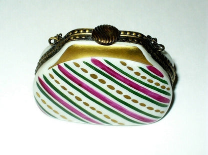 LIMOGES FRANCE BOX~ ROCHARD ~ FLORAL PURSE & CHAIN ~ ROSE & STRIPES ~ PEINT MAIN