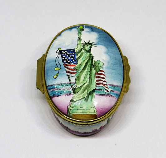 HALCYON DAYS ENAMEL BOX - TIFFANY - STATUE OF LIBERTY - NEW YORK CITY - JULY 4TH