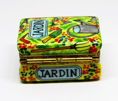 LIMOGES FRANCE BOX -LIMOGES IMPORTS- GARDENING BOOK & TOOLS - FLOWERS - "JARDIN"