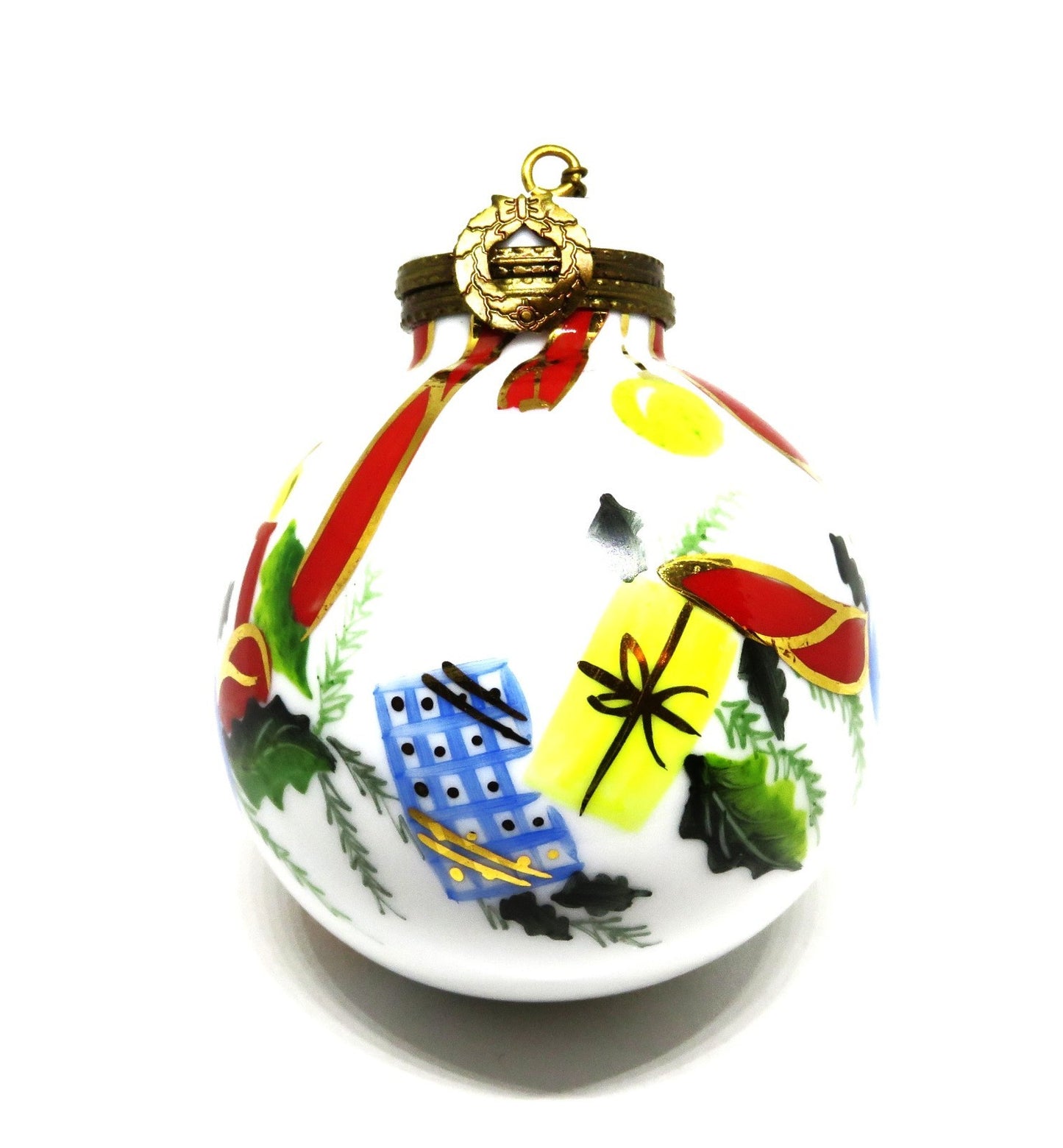 LIMOGES BOX - CHRISTMAS TREE BALL ORNAMENT - HOLLY & RIBBONS & CANDLES & GIFTS