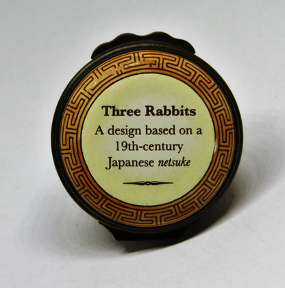 HALCYON DAYS ENAMEL BOX - THREE RABBITS BONBONNIERE -  JAPANESE NETSUKE - BUNNY