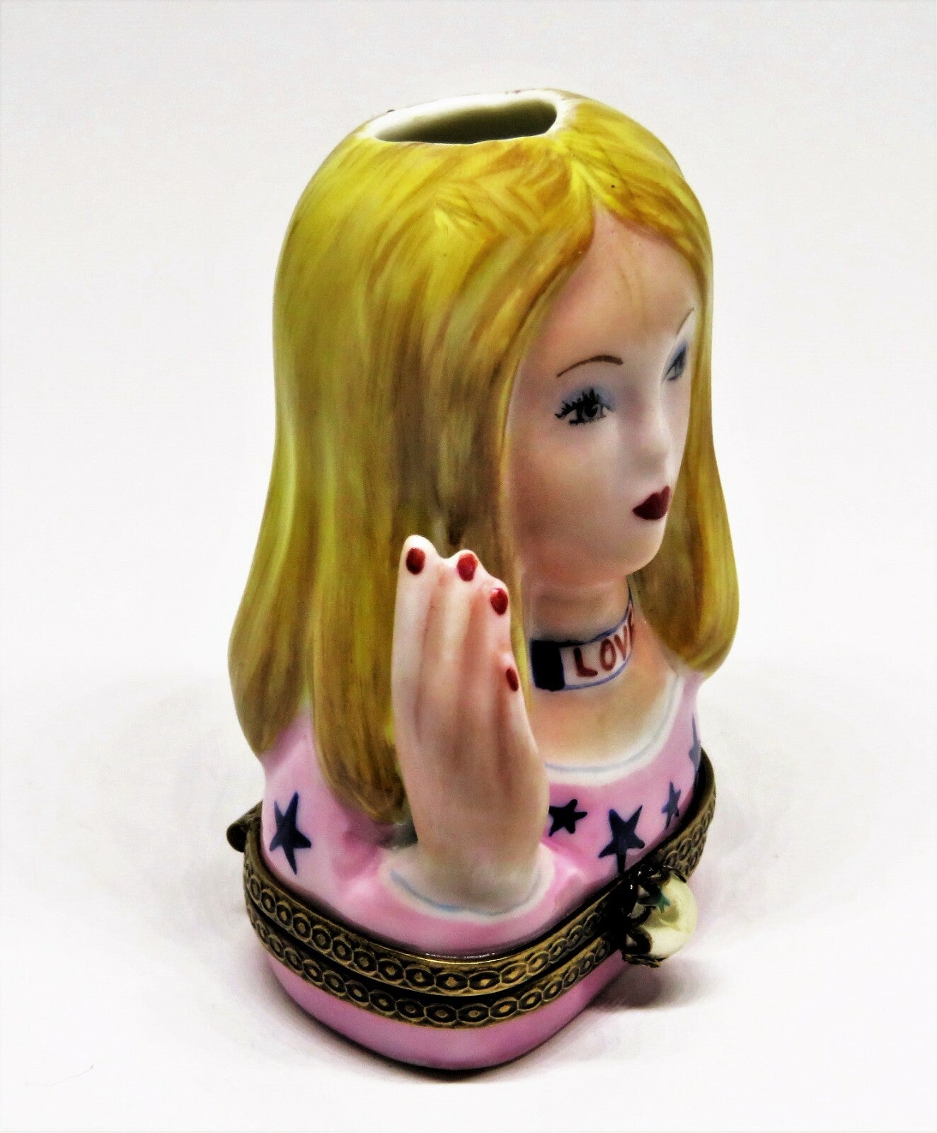 LIMOGES FRANCE BOX - CHANILLE - HIPPIE LADY HEAD VASE - TWO HAT PINS - LE - MIB