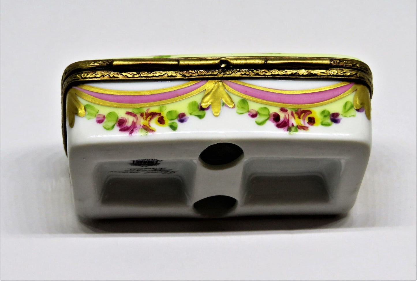 LIMOGES FRANCE BOX - FLORAL STAMP BOX - FLOWERS - ROSES - RIBBONS & TASSELS