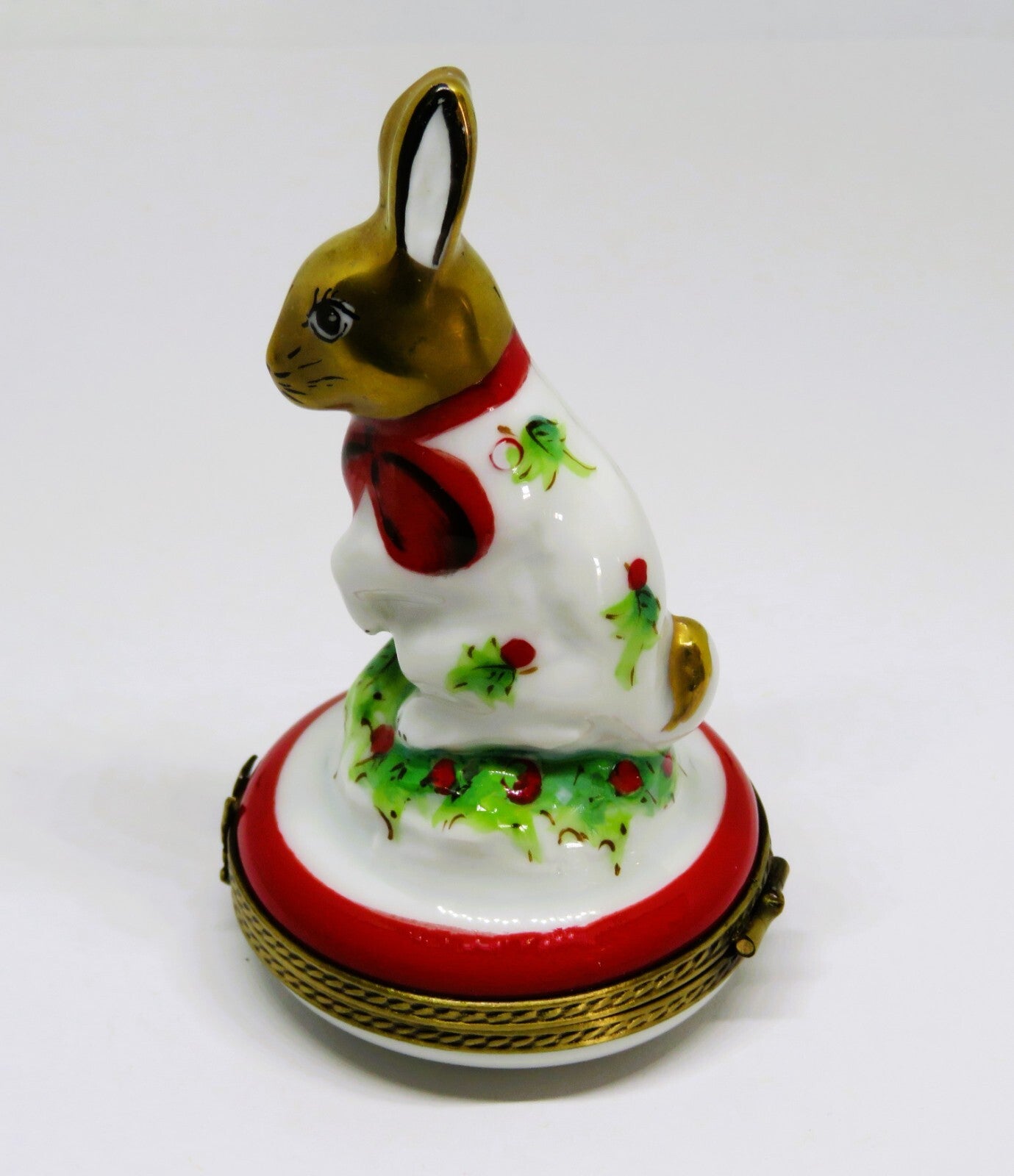 LIMOGES FRANCE BOX - CHAMART - WHITE BUNNY & RED BOW & HOLLY - FIRST CHRISTMAS