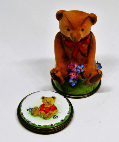 STAFFORDSHIRE ENGLISH ENAMEL BOX - TEDDY BEAR BONBONNIERE - 3D FLOWERS - MIB