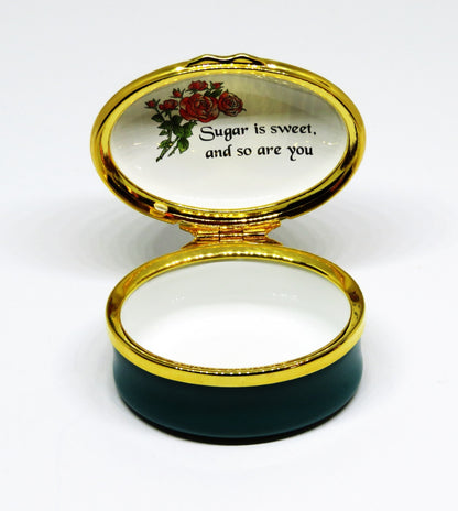 HALCYON DAYS ENGLISH ENAMEL BOX- "ROSES ARE RED, VIOLETS ARE BLUE ..." - FLOWERS