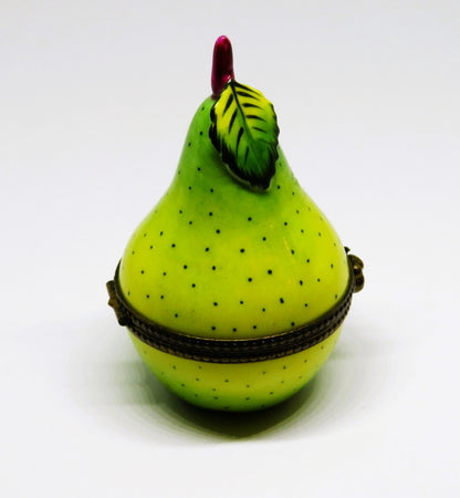 LIMOGES FRANCE BOX  - LARGE SPECKLED PEAR & STEM - 3 DIMENSIONAL LEAF - FRUITS
