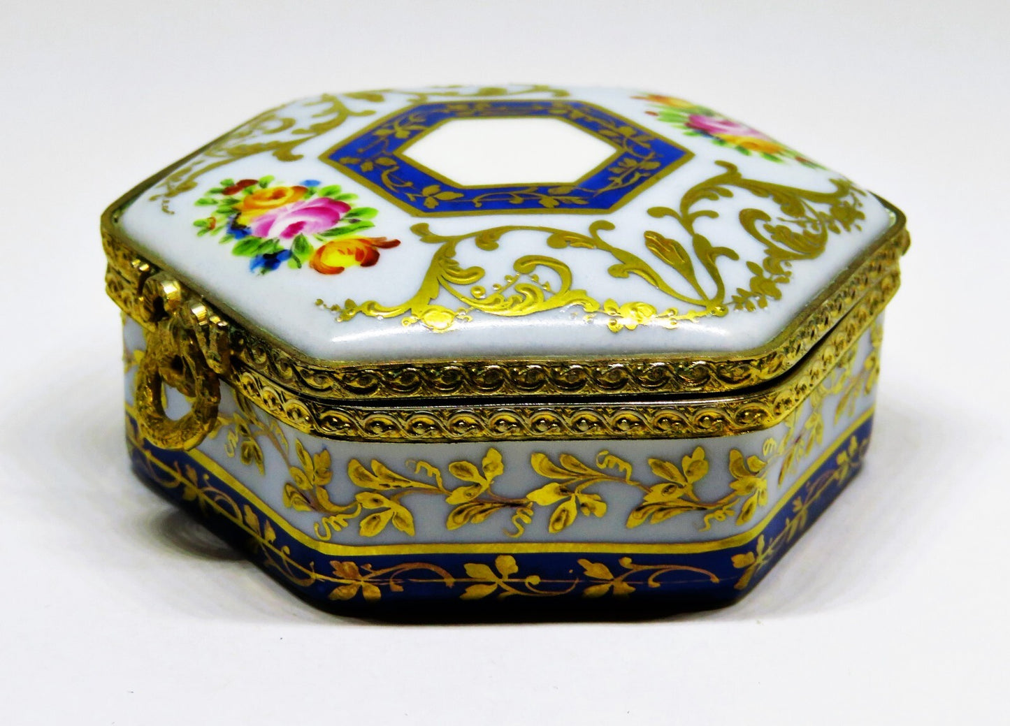 LIMOGES FRANCE HEXAGON BOX - LE TALLEC - FLOWERS & GOLD VINES - ROSES - 1960