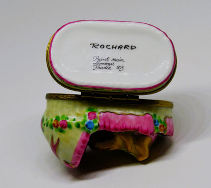 LIMOGES FRANCE BOX - ROCHARD - BABY GIRL IN A BASKET - ROSES & BOW & HEART - BIB