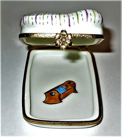 LIMOGES BOX - COUPLE IN BED - FLORAL BLANKET - RIBBONS & ROSES - BABY & CRADLE