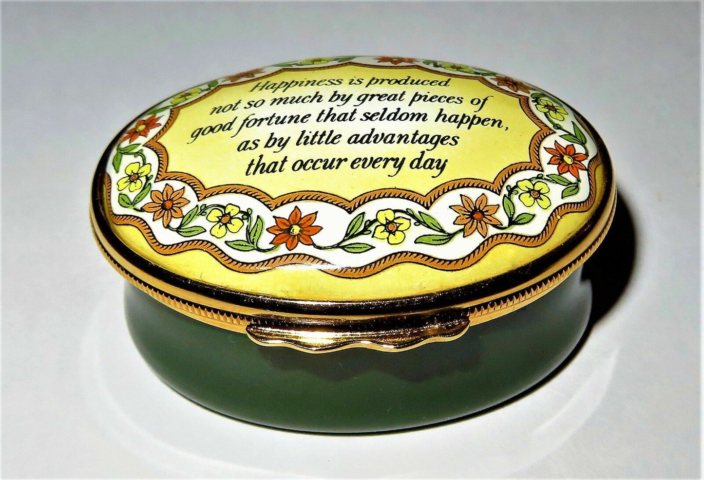 HALCYON DAYS ENAMEL BOX - "HAPPINESS IS ... " PHRASE - FLOWERS & LEAVES - MIB