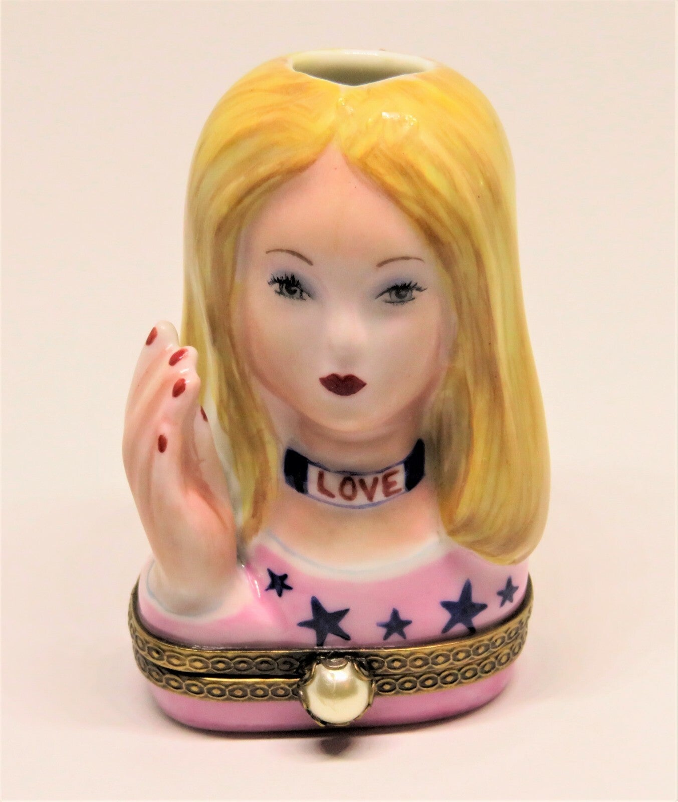 LIMOGES FRANCE BOX - CHANILLE - HIPPIE LADY HEAD VASE - TWO HAT PINS - LE - MIB
