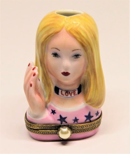 LIMOGES FRANCE BOX - CHANILLE - HIPPIE LADY HEAD VASE - TWO HAT PINS - LE - MIB