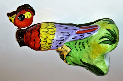 LIMOGES FRANCE BOX - VINTAGE MACAW PARROT PERFUME BOTTLE & CHAIN COLLAR - BIRDS