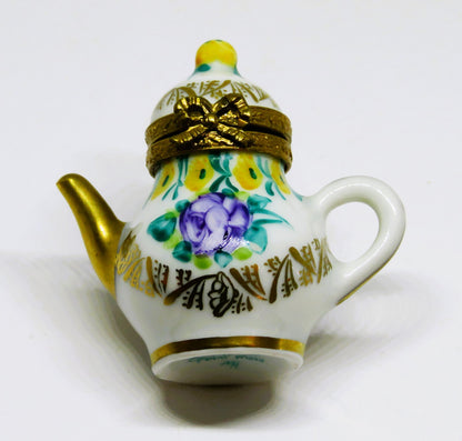 LIMOGES FRANCE BOX~ VINTAGE FLORAL TEAPOT ~ PURPLE ROSES ~ TEA POTS ~ PEINT MAIN
