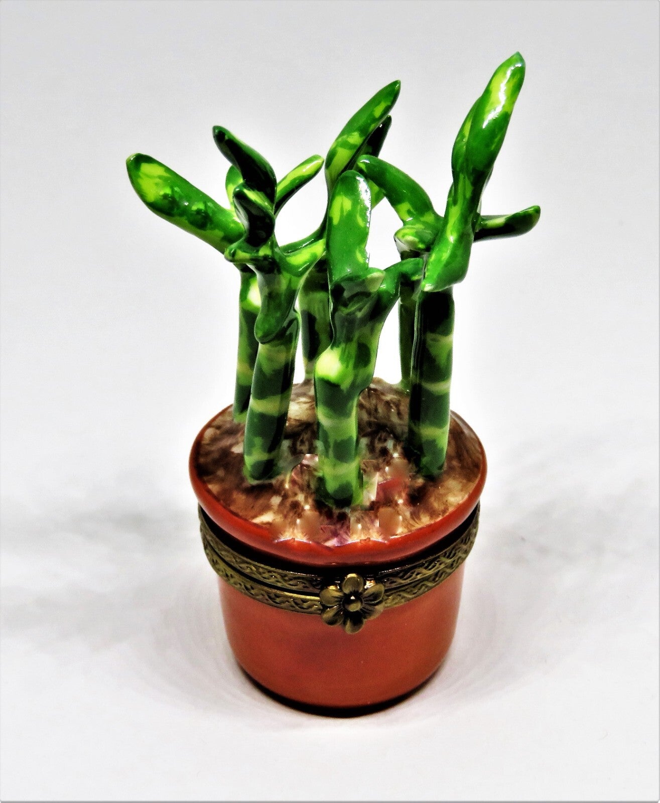 LIMOGES FRANCE BOX - ROCHARD - LUCKY BAMBOO PLANT  & PORCELAIN GARDENING TOOL