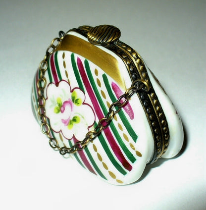 LIMOGES FRANCE BOX~ ROCHARD ~ FLORAL PURSE & CHAIN ~ ROSE & STRIPES ~ PEINT MAIN